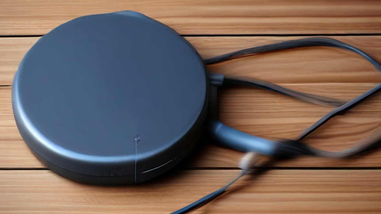 Portable backup device with attached cables on an office desk.