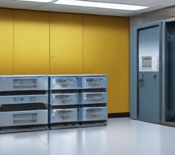 Secured server and storage cabinets in a business equipment room 