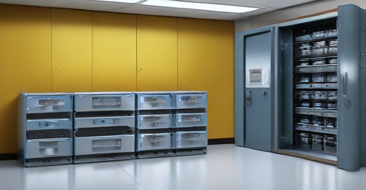 Secured server and storage cabinets in a business equipment room 