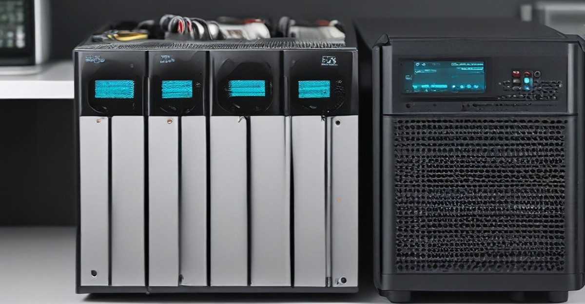 Backup storage server and power protection equipment on an office desk 