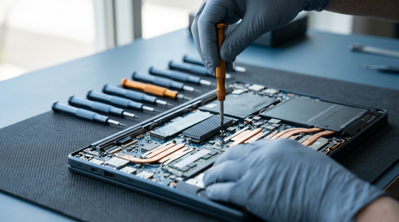 A technician's hands repairing a laptop at a service bench, illustrating help desk speed - ECASYS, Southern California