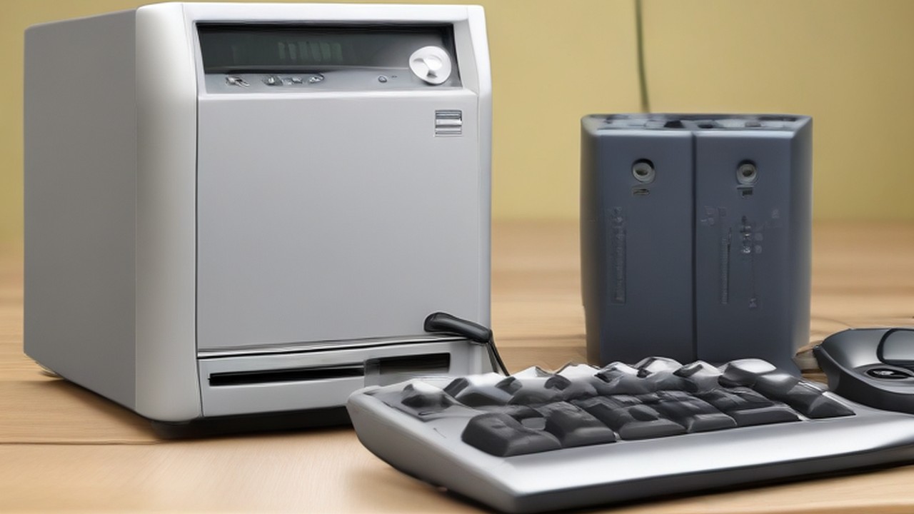 Desktop hardware and a keyboard on an office desk.