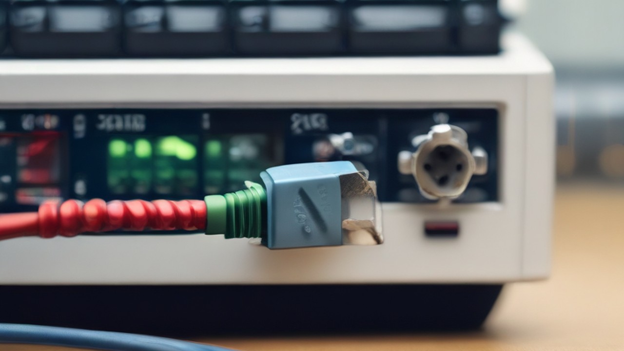 Network cable connector in front of diagnostic equipment.