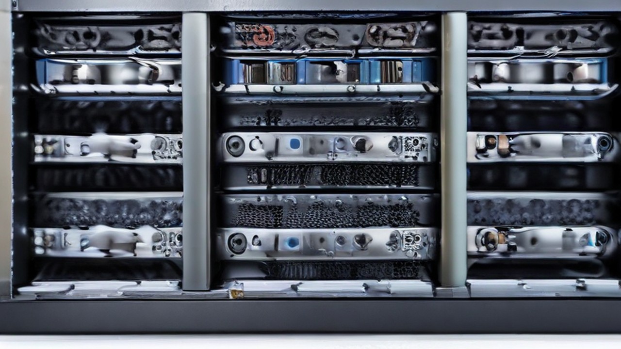 Close-up of rack-mounted server hardware.