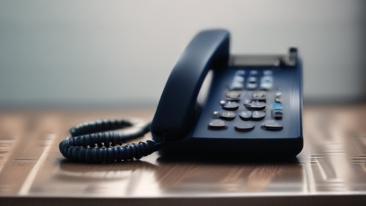 Office telephone handset and coiled cord on a desk.