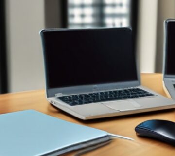 Business laptops and a notebook arranged on a conference table 