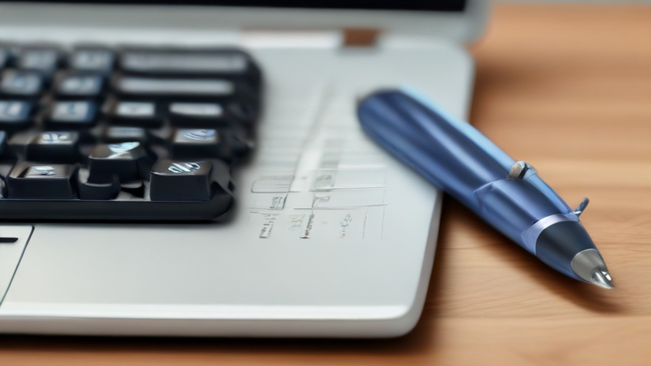 Pen beside a laptop keyboard and paperwork for an equipment purchase.