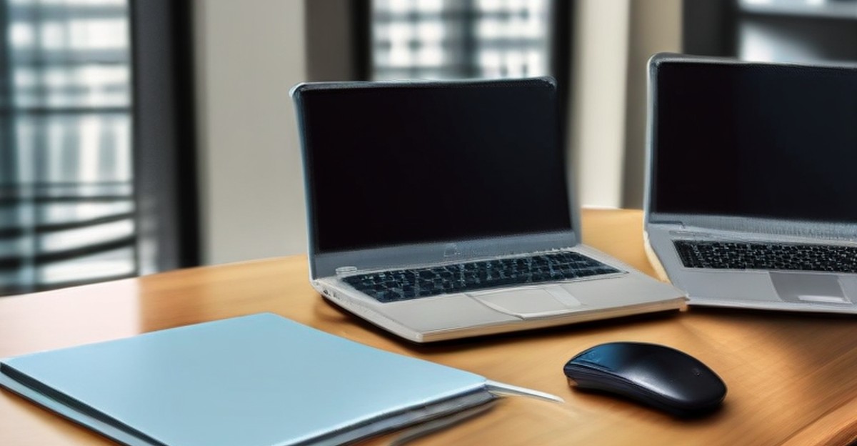 Business laptops and a notebook arranged on a conference table 