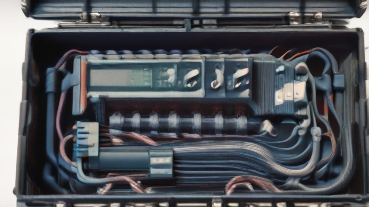 Network-testing equipment and cables inside a service toolkit.