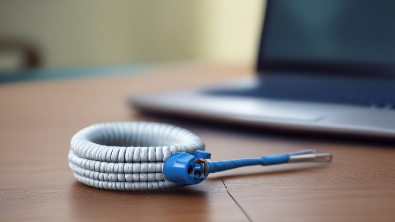 Connection cable beside a laptop in a remote-work setup.