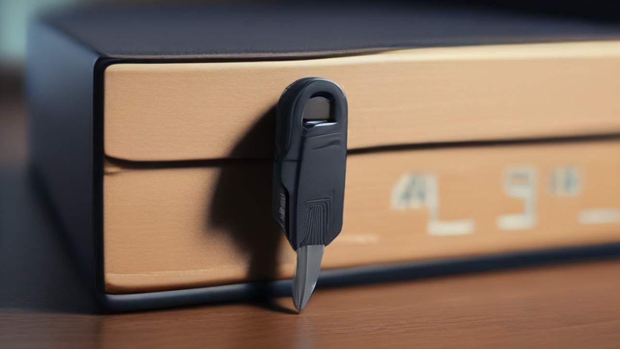 Key resting against a closed document folder, illustrating secure record storage.