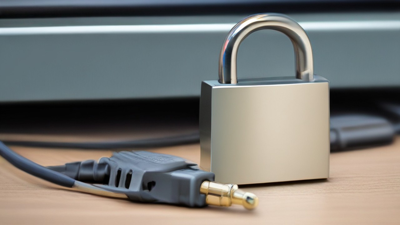 Padlock beside computer cabling, illustrating cybersecurity.