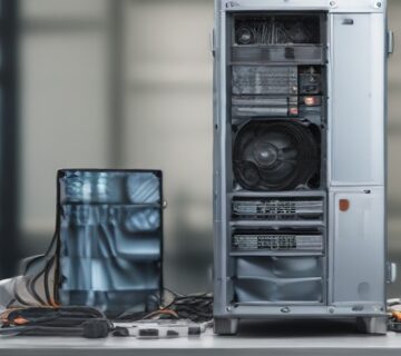 Open computer tower and replacement components on a maintenance bench 