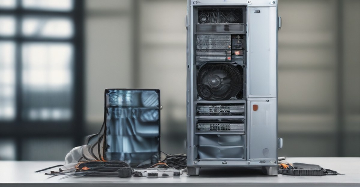 Open computer tower and replacement components on a maintenance bench 