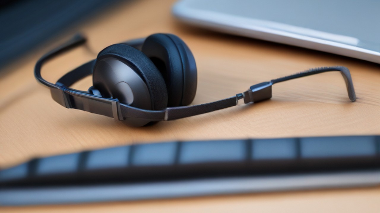 Support headset and connection cable beside a laptop.