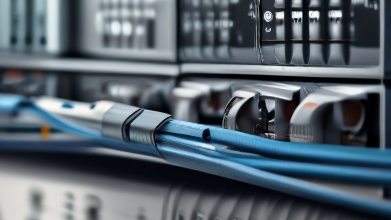 Blue cabling connected to rack-mounted network equipment.