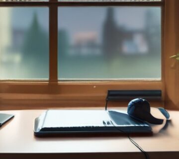 Home office laptop and headphones beside a bright window 