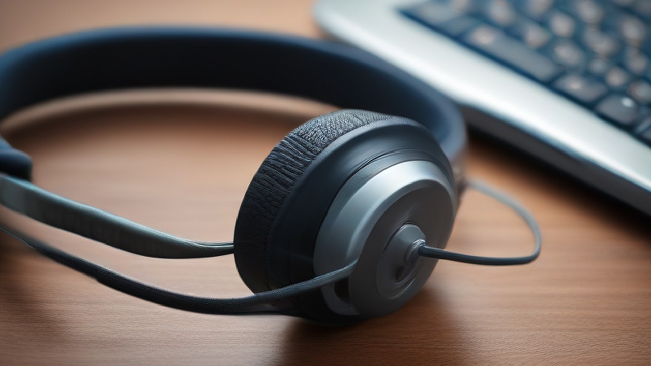 Wired headset beside a laptop keyboard.