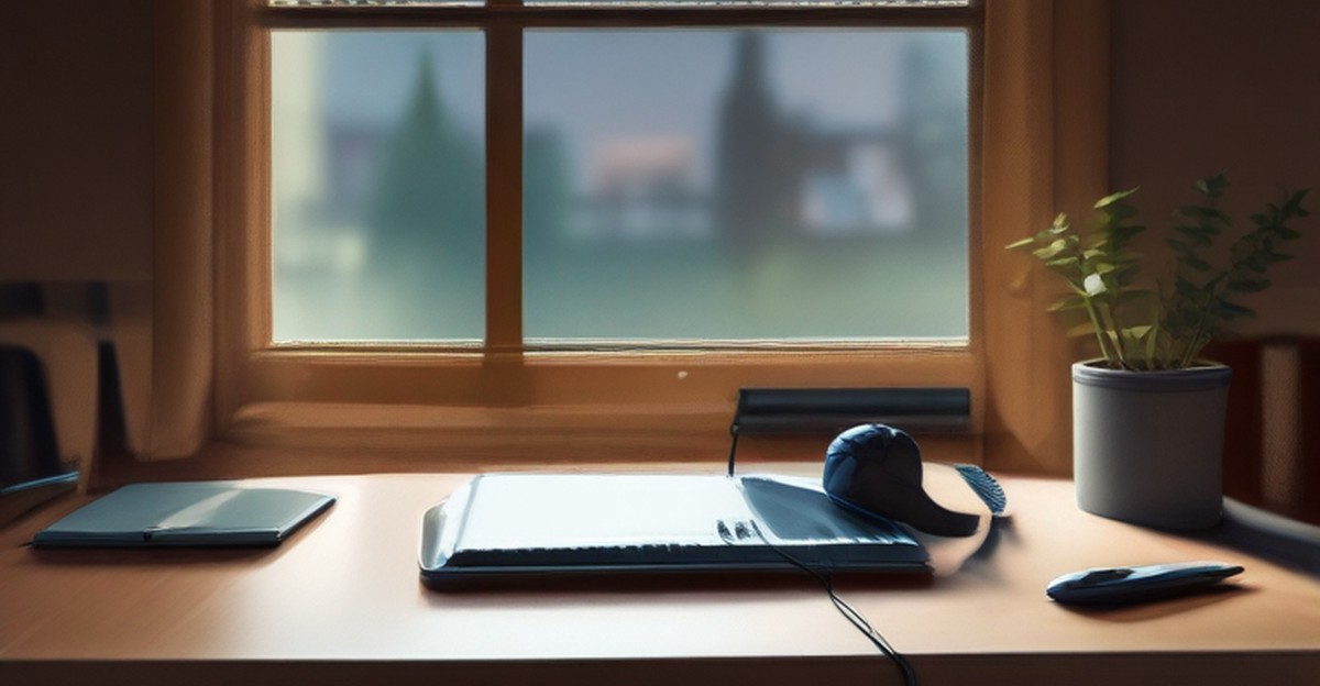Home office laptop and headphones beside a bright window 