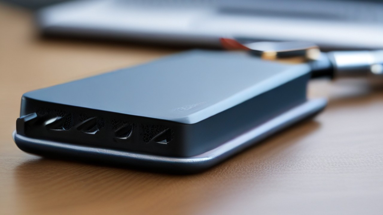 Portable storage device on an office desk.