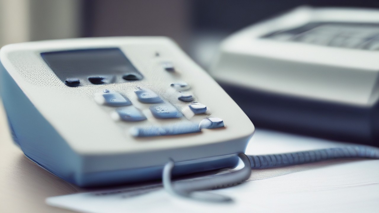 Office telephone beside a keyboard and document folder.