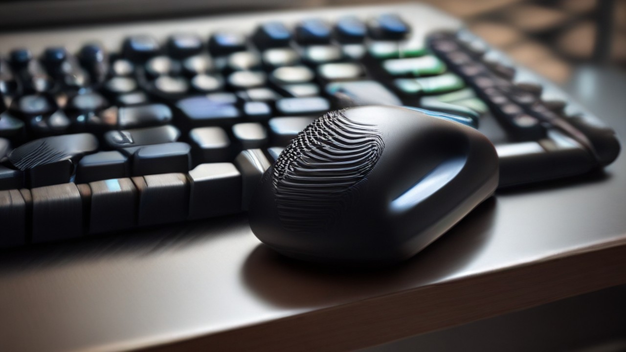 Computer mouse beside a keyboard at a retail workstation.