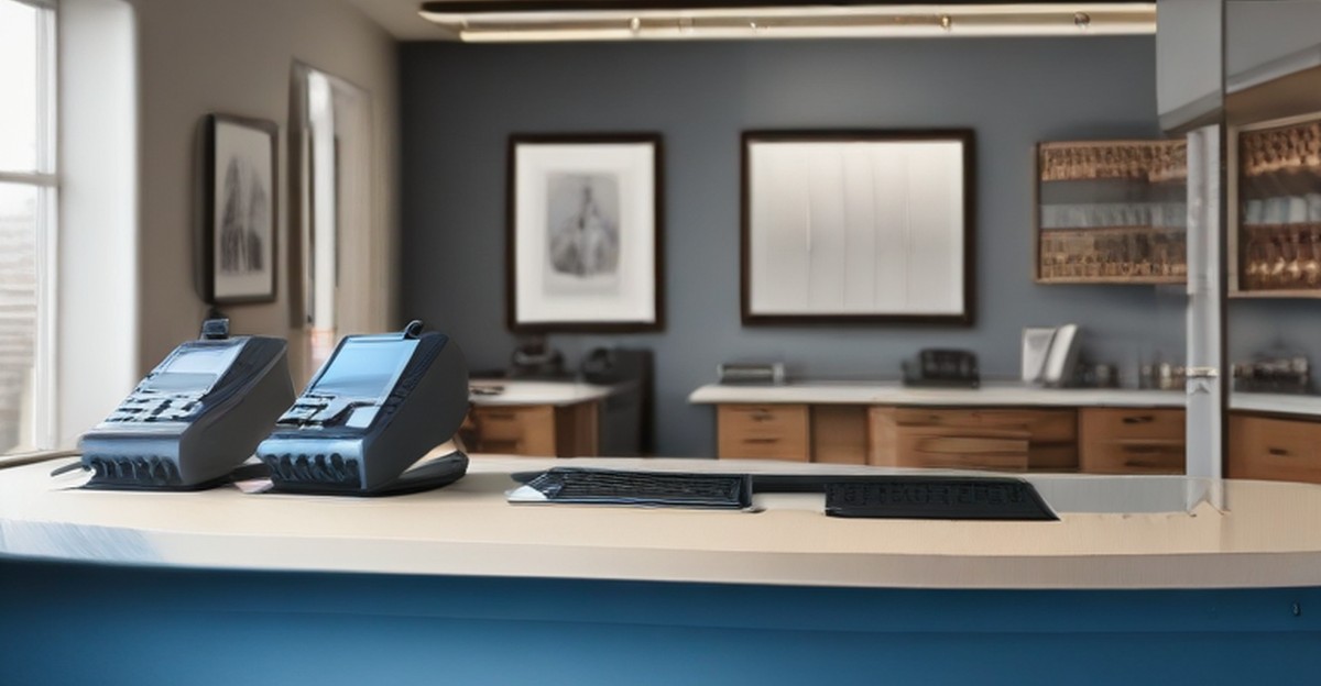 Business desk phones on a retail service counter