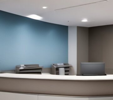 Computer equipment at a clean healthcare reception desk 