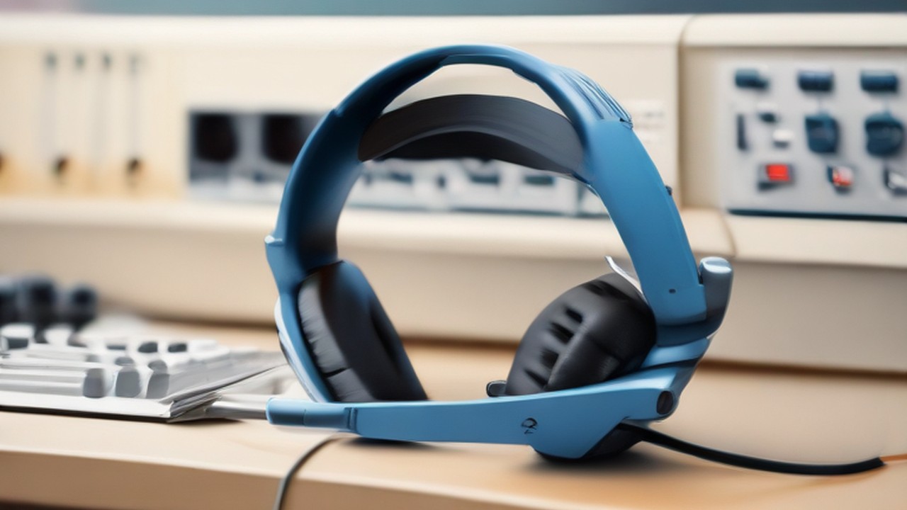 Support headset beside a keyboard at a clinical workstation.