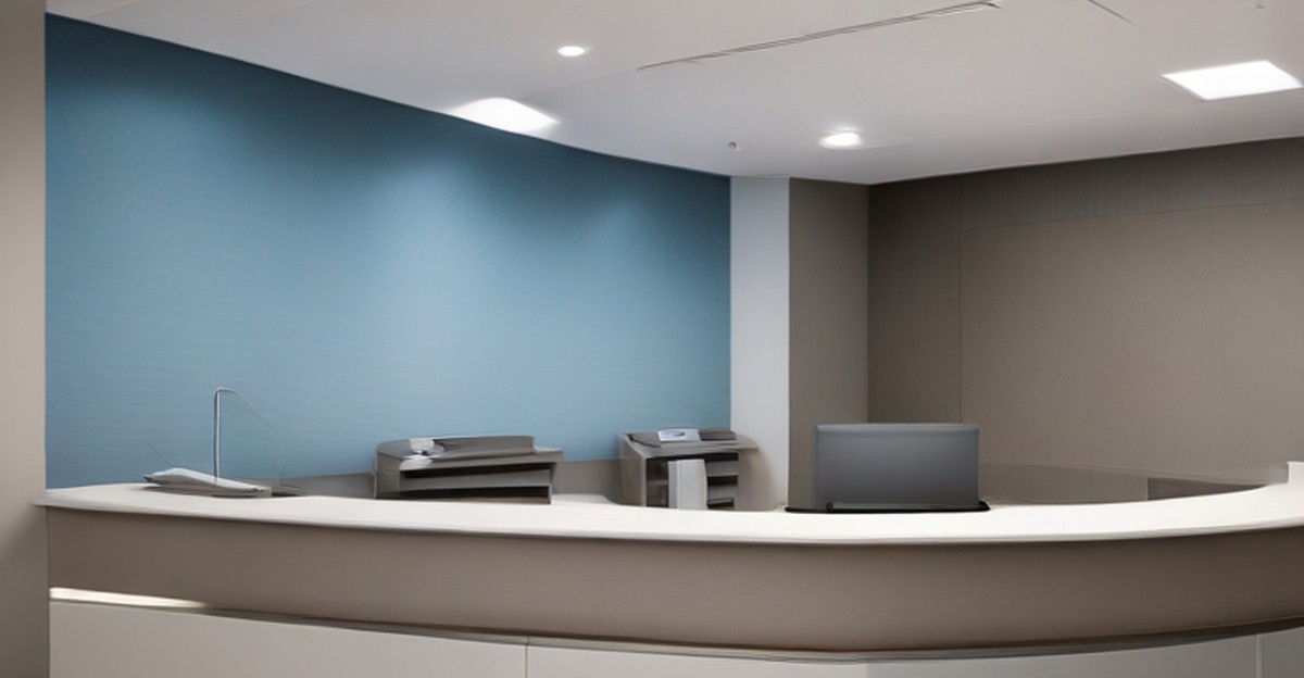 Computer equipment at a clean healthcare reception desk 