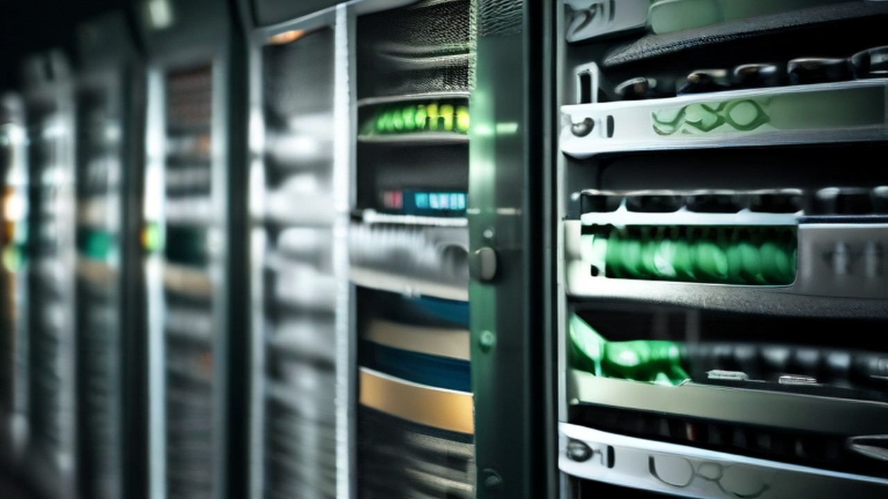Rack-mounted server hardware with status indicators.
