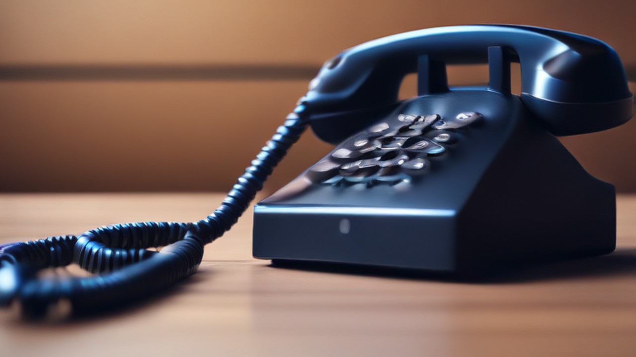 Office telephone and coiled handset cord on a wooden desk.