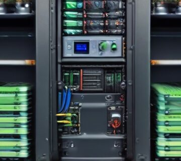 Server storage bays with green status indicators in a network cabinet 