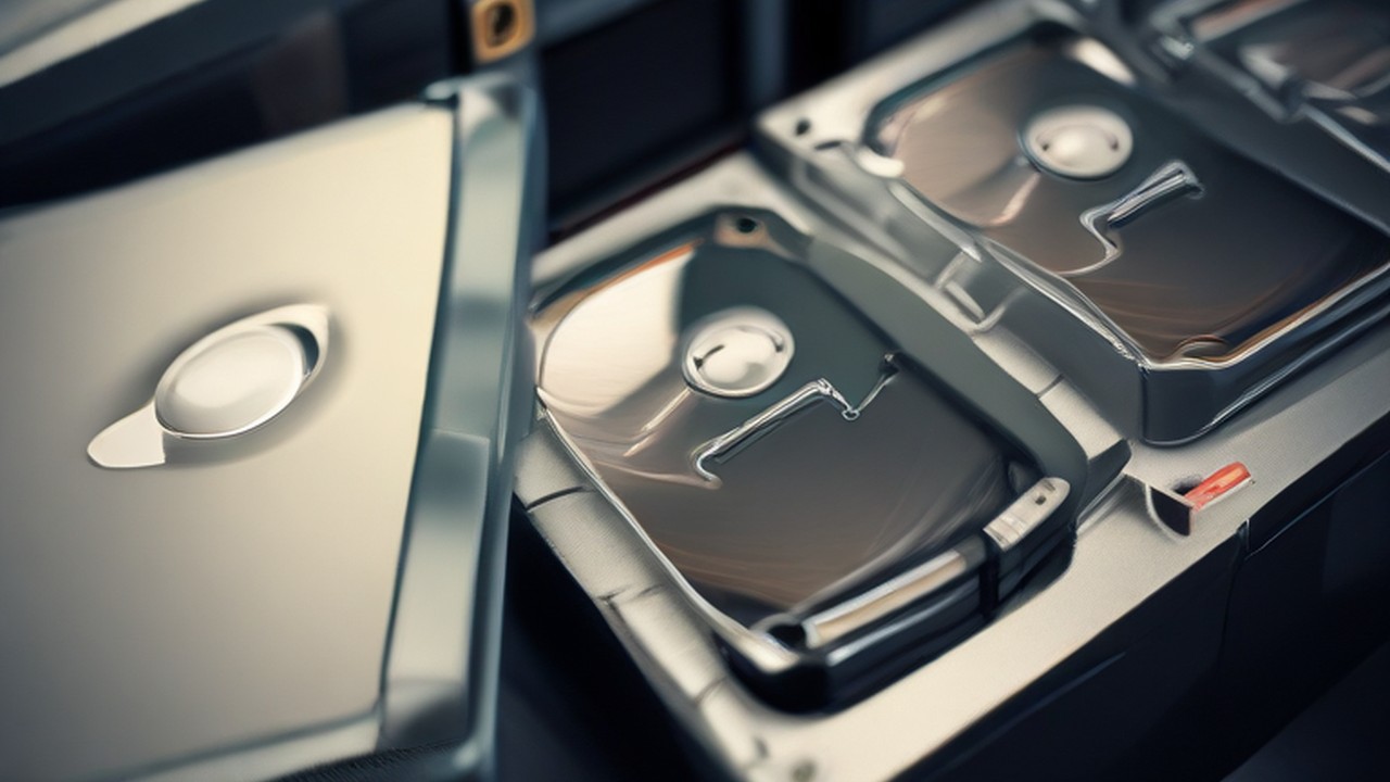 Hard drives arranged beside an external storage enclosure.
