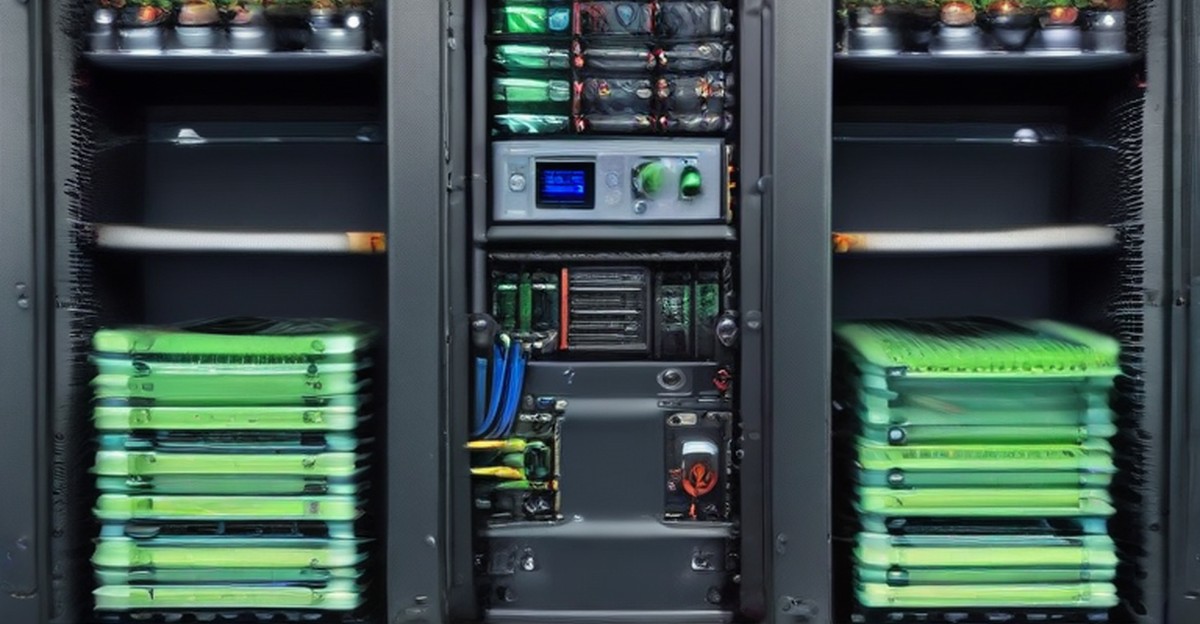 Server storage bays with green status indicators in a network cabinet 