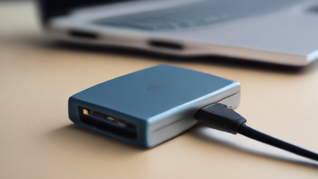 Portable backup drive connected beside a laptop.