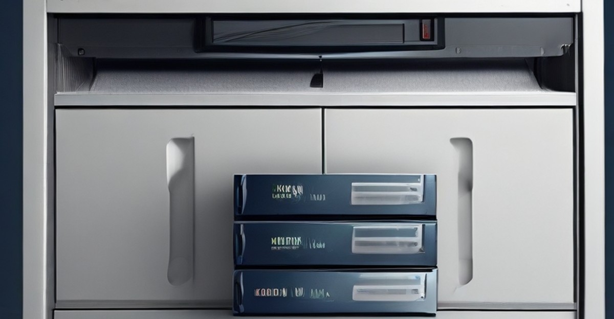 Backup storage devices beside an office equipment cabinet 