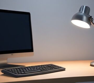 Desktop workstation illuminated by an evening desk lamp 