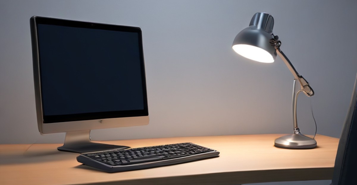 Desktop workstation illuminated by an evening desk lamp 