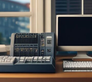 Computer workstation and service equipment beside an office window 