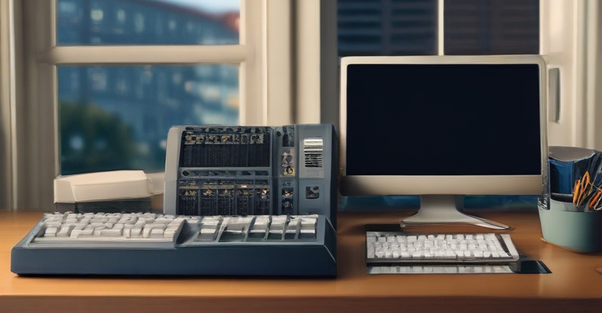 Computer workstation and service equipment beside an office window 