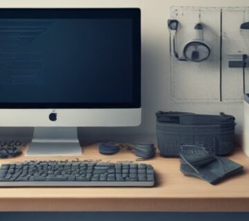 IT support workstation with computer equipment and service tools 