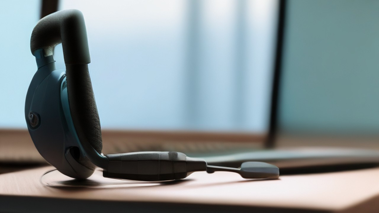 Headset and cable resting on an office desk.