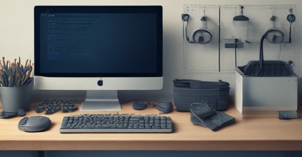 IT support workstation with computer equipment and service tools 