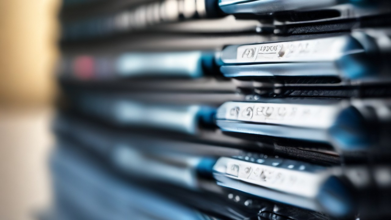 Close-up of connected network equipment.