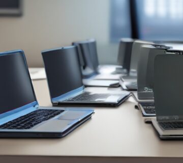 Business laptops arranged for an equipment rollout 