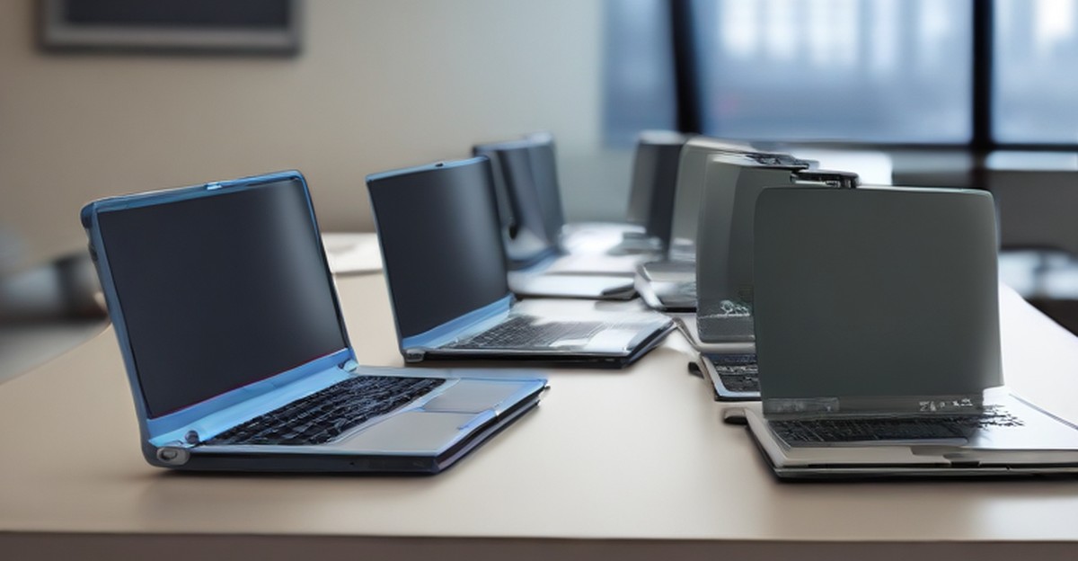 Business laptops arranged for an equipment rollout 