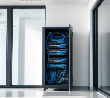 A glass walled server room beside a bright startup office, neatly organized network cabinets and blue cables 