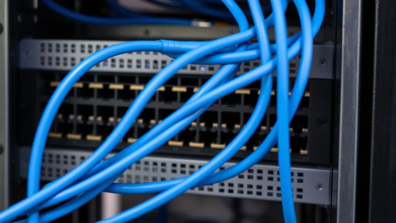 Blue ethernet cables connected to a network switch inside a metal server rack.