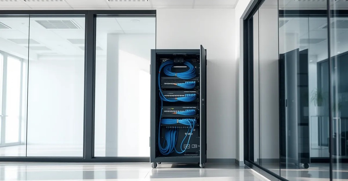 A glass walled server room beside a bright startup office, neatly organized network cabinets and blue cables 